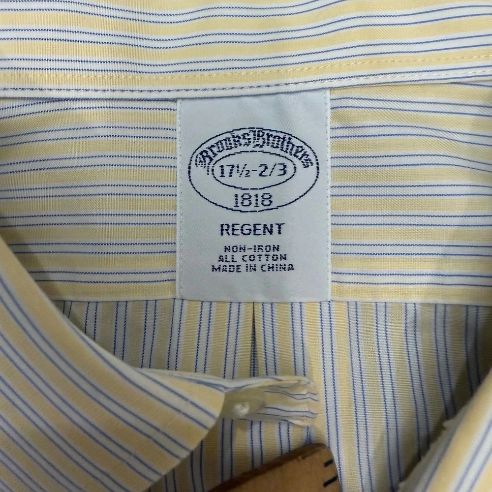 Brooks Brothers 1818 Regent Shirt Mens‎ 17.5 32/33 Yellow Blue Stripe Non-Iron